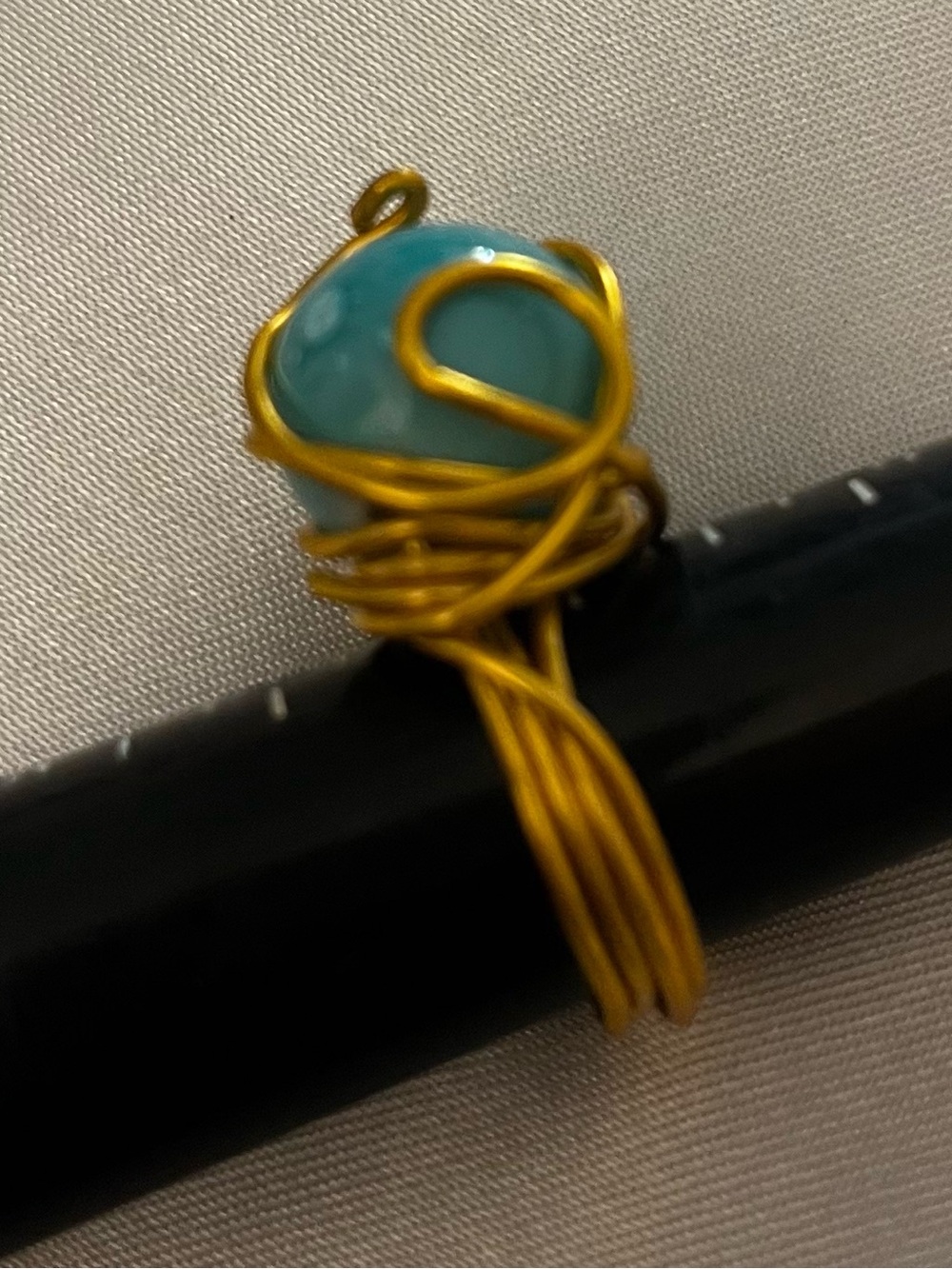 Handmade Teal Glass Cabochon Wire-Wrap Ring